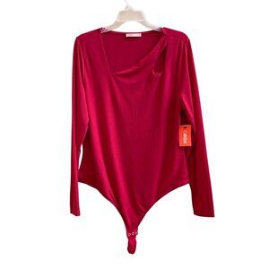 Red Long-Sleeve Bodysuit With Asymmetric Neckline & Snap Closure - Intempo 1X